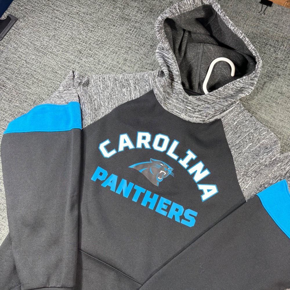 NFL Carolina Panthers Hoodie Mens Large Black Grey Blue Colorblock Pullover